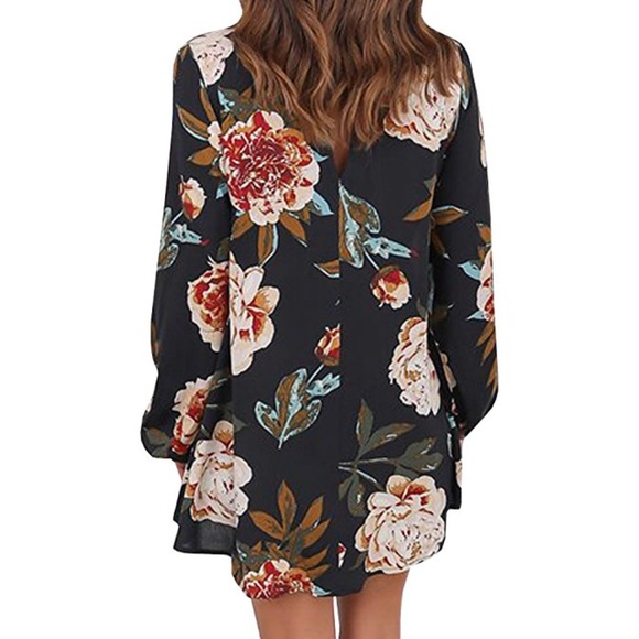 Floral Long Sleeve Choker Neck Tunic Top Shirt - Picture 3 of 4